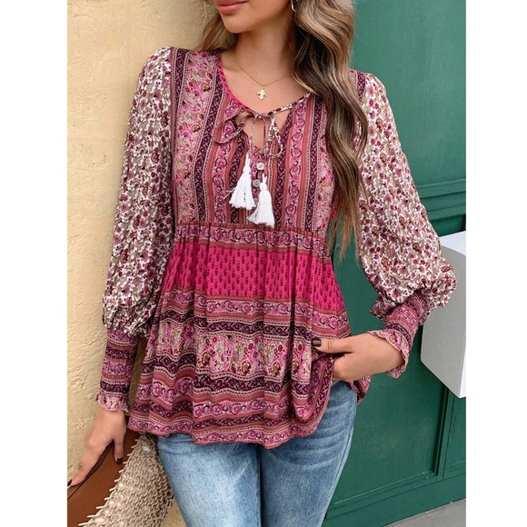 Pink Floral Printed Boho Long Sleeve Blouse Loose Fit Neck Ties Tassels Buttons - Picture 6 of 7